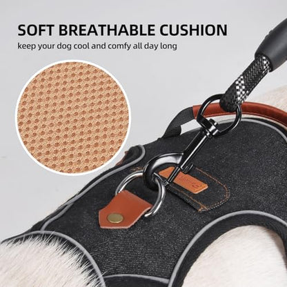 PawWave No Pull Front Clip Dog Harness – Adjustable Padded Denim Vest with Reflective Strips for Small, Medium & Large Dogs (Navy Blue, Medium) - color: Navy Blue, size: M (Chest:17.3-21.3in)
