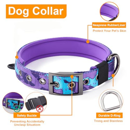 Annchwool No Pull Dog Harness,Heavy Duty Collar & Leash Set-Leash with Double Handle & Car Seatbelt Clip-Easy Control for Walking Training Medium Large Size Dogs(Camo Purple,M) - color: Camo Purple, size: M