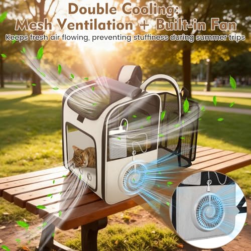 Cat Backpack Carrier with Cooling Fan & Heating Pad, Expandable & Breathable Pet Backpack for Cats & Small Dogs, Travel Carrier for Hiking, Vet Visits, Grey