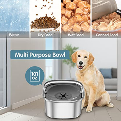 UPSKY 3L Dog Water Bowl 101oz Stainless Steel No Spill Large Capacity Dog Food Water Bowl Slow Water Feeder, Spill Proof Pet Water Dispenser Vehicle Carried Travel Water Bowl - color: gray