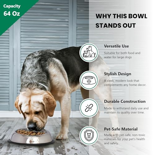 Iconic Pet 8 Cup/64 Oz Heavy Weight Non-Skid Stainless Steel High Back Pet Food/Water Bowls with Removable Anti Skid Rubber Ring - Dog/Cat Feeding Bowl in Unique Design, Dishwasher Safe - size: 8 Cup/64 oz.