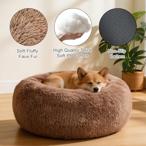 Dog Calming Beds for Small Medium Large Dogs - Round Donut Washable Dog Bed, Anti-Slip Faux Fur Fluffy Donut Cuddler Anxiety Cat Bed(28" Khaki - color: khaki, size: 28"L x 28"W x 8"Th