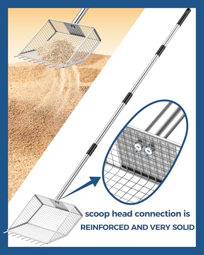 Chicken Poop Scooper & Rake 2-in-1,304 Stainless Steel Rustproof Shovel Head with 35" to 62" Adjustable Handle,Coop Cleaning Tool Scoop,Sifting Shovel for Goat Stall/Stable/Farm - size: 100% Stainless Steel-10 inch