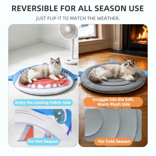 PUPTECK Cat Cooling Mat, 23.6”x23.6” Reversible Cooling & Warm Cat Sleeping Blanket Pad, Soft & Comfortable Summer Pet Cool Thicken Bed for Kittens Small Dogs, Blue Shark