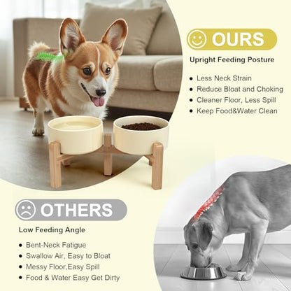 SPUNKYJUNKY Elevated Dog Bowls Ceramic, 6.1'' Dogs and Cat Food Water Bowls Raised with Non-Slip Bamboo Stand for Medium Sized Breed Microwave Dishwasher Safe - 28.7 OZ,Beige - color: Beige, size: 6.1 in - 3.6 cups