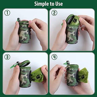 FURHAB Dog Poop Bag Holder for Leash Doggie Waste Bag Dispenser Puppy Potty Carrier Small Doggy Zipper Pouch with Carabiner Clip 1680D Nylon Oxford with 1 Roll of Pet Trash Bags, Woodland Camo - color: Woodland Camo