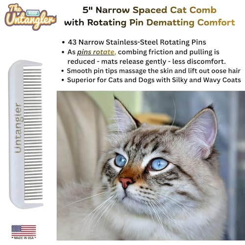 Cat Comb with Silky Smooth Rotating Teeth - Clears Mats Gently (5" Ultra Fine Teeth; 7" Dual Teeth) (White, 5") - color: White, size: 5"