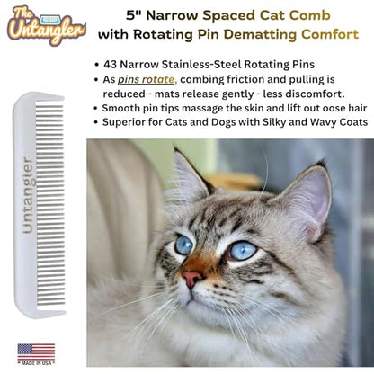 Cat Comb with Silky Smooth Rotating Teeth - Clears Mats Gently (5" Ultra Fine Teeth; 7" Dual Teeth) (White, 5") - color: White, size: 5"