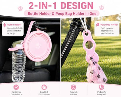 Pink Collapsible Travel Dog & Cat Bowl – BPA-Free Silicone & 18/8 Stainless Steel, Portable Non-Slip Food & Water Bowl with Handle, Bottle/Poop Bag Holder – Claim Your - color: Pink Bowl