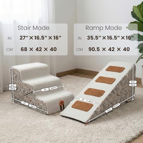 Laifug Pet Dog Stairs for Small Dogs 16.5" H, 2 in 1 Transformable 3-Step Pet Stairs and Dog Ramp for Couch (13-20 in), Beige Adjustable Pet Steps with Non-Slip Waterproof Cover - size: 2 in 1 15.7"x26.7"x16.5"（3-layer ）