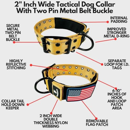 Tactical Dog Collar 2 Inch Wide Heavy Duty with Metal 2-Pin Belt Buckle for Medium, Large & XL Dogs, Thick Military-Style K9 Collar, Reflective, with Name Plate Area, USA Flag Patch, Strong & Durable - color: DESERT TAN, size: 20-28 inches