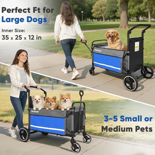 Petbobi Dog Wagon Stroller for Large & Medium Dogs, 2-in-1 Push Pull Pet Cart with Ramp, Foldable Wagon, 360° Swivel Wheels, Adjustable Handles, Safety Leashes, Blue - color: Blue