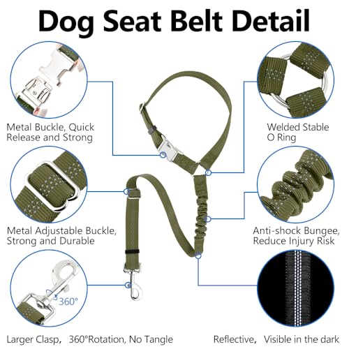 Plutus Pet Dog Seat Belt for Car Headrest, Reflective and Adjustable Restraint with Elastic Bungee for Safety, Vehicle Seatbelt Harness for Small Medium Large Dogs and Cats, Ranger Green - color: Ranger Green