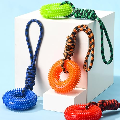 Dog Toys Squeaky - Spiky Ring for Chewers Dog Teething Toy with Rope, Squeaky Puppy Teething Spikey Glitter Ring Chew Toy, Aggressive Chew Indestructible for Puppy Teething Boredom Relief (Green 2) - color: Green 2