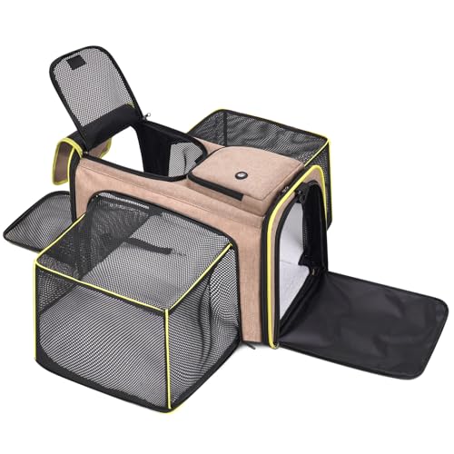 Pet Carrier, Large Soft Sided Expandable Travel Carrier with Steel Frame, Anti-Scratch Mesh, Removable Fleece Pad and Pockets for Cats, Dogs and Small Animals up to 15 lbs (Brown, 4 Sides Expandable) - color: Brown