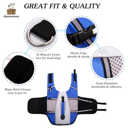 Dog Life Jacket Swimming Vest Lightweight High Reflective Pet Lifesaver with Lift Handle, Leash Ring Blue,S - color: Blue, size: Small