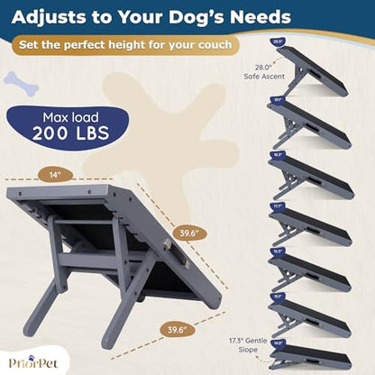 Dog Ramp for Couch – Non-Slip, Sturdy Build Foldable Wooden Dog Ramp – Supports up to 200 lbs – 7 Adjustable Heights (14"–20.5") – Enhanced Stability – Birchwood Pet Ramp for Small Dogs – Gray - color: Gray