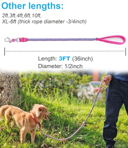 2/3/4/6/10 Foot Reflective Dog Leash Strong Nylon Rope Braided Heavy Duty for Large Medium Small Dogs Walking Training Leads (Pink, 3ft * 1/2") - color: Pink, size: 3ft * 1/2"