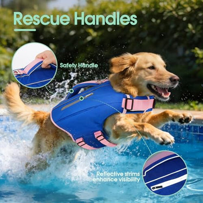 Kuoser Dog Life Jacket with Rescue Handle, Reflective Swim Vest Adjustable | High Flotation, Rescue Handle, Adjustable, Reflective,2 Storage Pockets, Pool Lake Boat Beach, Small Medium Large, Easy Wear - color: Blue, size: XL (Chest Girth:25.9-33.4'')