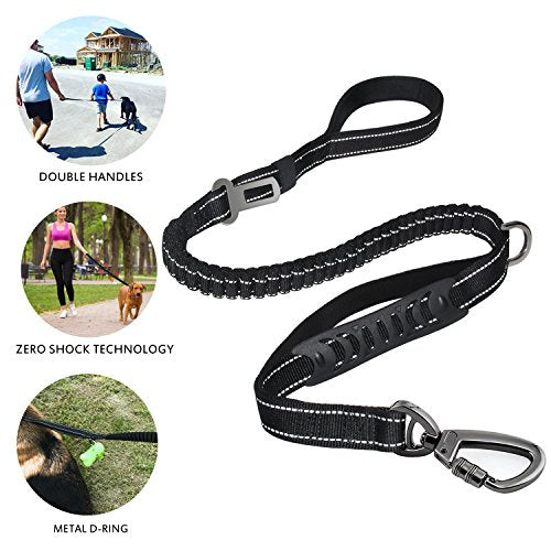 Fashion&Cool Heavy Duty Dog Leash Especially Large Dogs Up to 150lbs, 4-6 Ft Reflective Dog Walking Training Shock Absorbing Bungee Leash Car Seat Belt Buckle, 2 Padded Traffic Handle Extra Control - color: Black