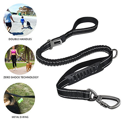 Fashion&Cool Heavy Duty Dog Leash Especially Large Dogs Up to 150lbs, 4-6 Ft Reflective Dog Walking Training Shock Absorbing Bungee Leash Car Seat Belt Buckle, 2 Padded Traffic Handle Extra Control - color: Black