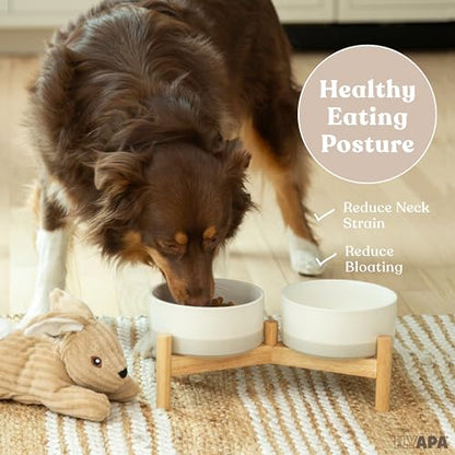 Ilyapa Ceramic Dog Bowls - Elevated for Medium Sized Pet with Raised Food and Water Set - Gray Double 6 inch, 28 Oz Bowls & 13x6.3x5.5 Wooden Stand - color: Gray