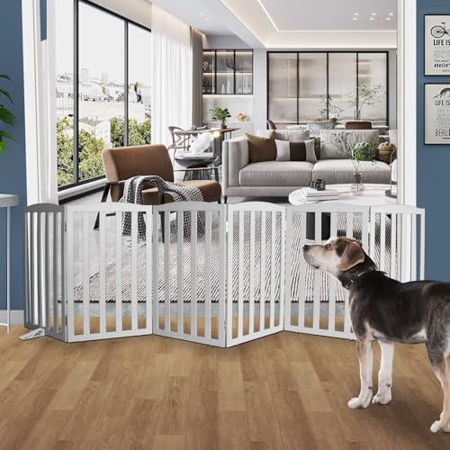 Freestanding Dog Gate Indoor,Doggie Gate Foldable Pet Gates for Doorways,Stairs or Hallways, Wooden Grey Pet Gate for the House, Pet Fence with Support Feet Included,32 "Height-6 Panels - color: Gray, size: 【6 Panels】120‘’w x 32''h