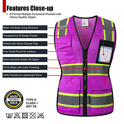Safety Vest for Women High Visibility Vest with 8 Pockets and Front Zipper Mesh Reflective Vest Meets ANSI/ISEA Standards(Purple-17, Medium) - color: Purple-17, size: Medium