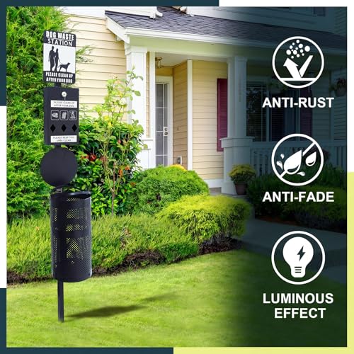 Qinyoung Dog Waste Station Galvanized Steel Outdoor Pet Bin with Poop Bag Dispenser Reflective Sign Rust Proof for Backyard Commercial Park (Black) - color: Black