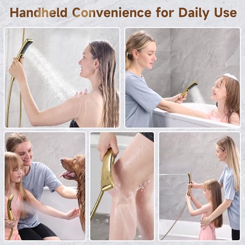 BRIGHT SHOWERS Dual Shower Head with Handheld, High Pressure Rainfall Shower Head Combo, 60-Inch Stainless Steel Hose, Brushed Gold - color: Brushed Gold, size: 1.8 Gallon Per Minute