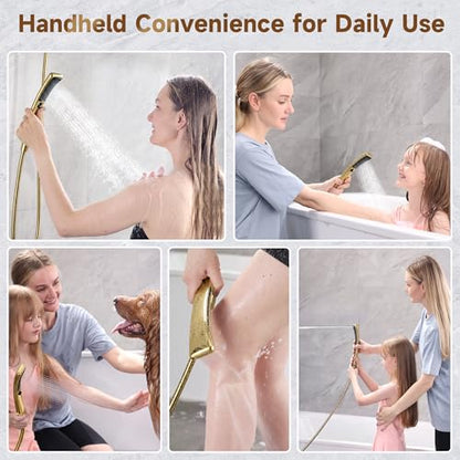 BRIGHT SHOWERS Dual Shower Head with Handheld, High Pressure Rainfall Shower Head Combo, 60-Inch Stainless Steel Hose, Brushed Gold - color: Brushed Gold, size: 2.5 Gallon Per Minute