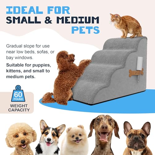 PAWZY Dog Stairs for Bed & Couch, 4-Step Foam Pet Steps 20” High for Small Dogs & Cats up to 60 lbs, Wide Non-Slip Stairs, Waterproof Washable Zipper Cover, No Assembly, Grey - size: 4 Step