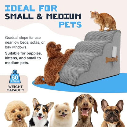 PAWZY Dog Stairs for Bed & Couch, 4-Step Foam Pet Steps 20” High for Small Dogs & Cats up to 60 lbs, Wide Non-Slip Stairs, Waterproof Washable Zipper Cover, No Assembly, Grey - size: 4 Step