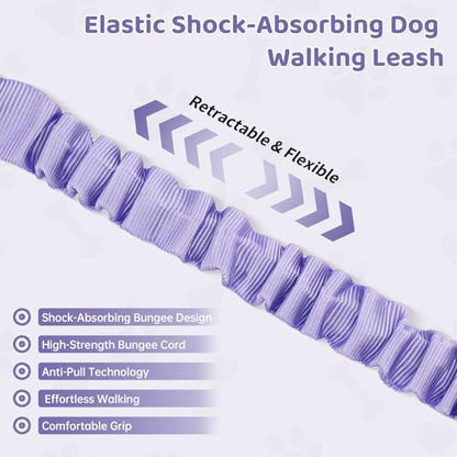 Hands Free Dual Handle Retractable Bungee Leash with Reflective Trim, Adjustable Waist Belt for Dog Walking, Running, Hiking - Durable Nylon Leash for Medium Large Dogs, Purple