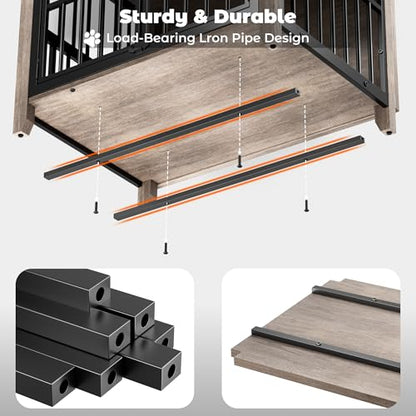 Lulive Dog Crate Furniture, Wooden Dog Kennel Indoor with Adjustable 360°& Height Dog Bowls, Double Doors Furniture Dog Crates End Table for Small/Medium 31.5" L*22.5" W*25.6" H, Grey