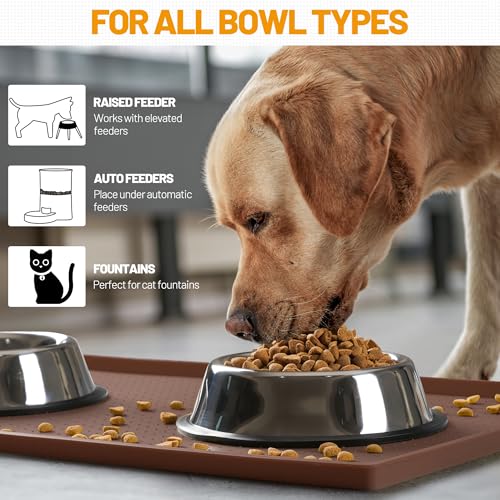Hubulk Dog Feeding Mat,100% Waterproof Food Grade Silicone Pet Food and Water Bowl Placemat,Dishwasher, High Raised Edge to Prevent Spills,Nonslip Tray to Stop Messes on Floor（24"x16"x0.5", Brown） - color: Brown, size: 24"l X 16"w