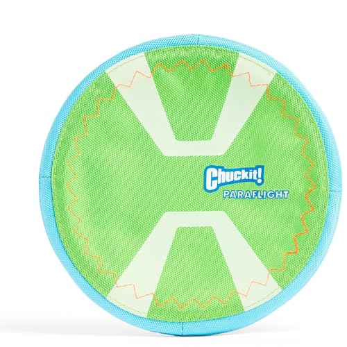 Chuckit! Max Glow Paraflight Flying Disc Dog Toy - Water Floating Flyer - Durable Nylon Construction with Soft Rubber Edges - For Medium and Large Dogs - Size Large - 9.75" L x 9.75" W - Pack of 1 - color: Green/Max Glow, size: Large
