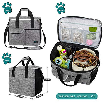 PetAmi Dog Travel Bag Organizer, Pet Travel Kit with 2 Food Containers & 2 Collapsible Dog Bowls, Pet Supplies Tote with Luggage Sleeve, Weekend Road Trip Camping Essentials, Gray, Large - color: Grey, size: Large - 15.5"L x 9.5"W x 14.0"H