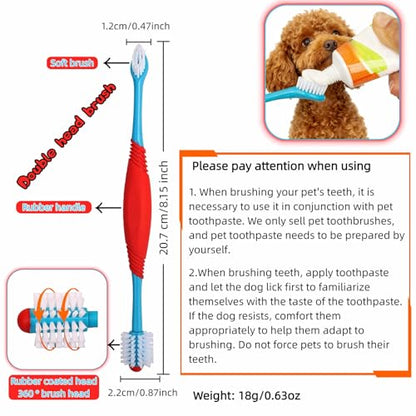 Dog Toothbrush, 360° & Double-Headed Dog Dental Care Kit for Small & Large Dogs, Pet Finger Toothbrush & Toothbrush Set for Effective Plaque Removal, Clean Teeth, Fresh Breath, and Gum Health