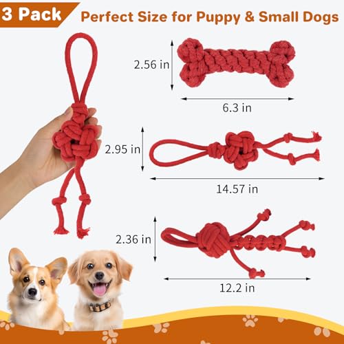 3 Pack Cotton Rope Dog Toy Set, Indestructible Chew Toys for Aggressive Chewers, Puppy Teething Toys with Bone, Human & Chinese Knot Designs for Boredom Relief & Tug of War， Red - style: Red suit（3 pack）