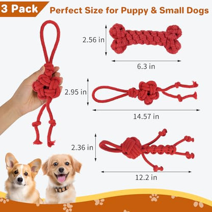 3 Pack Cotton Rope Dog Toy Set, Indestructible Chew Toys for Aggressive Chewers, Puppy Teething Toys with Bone, Human & Chinese Knot Designs for Boredom Relief & Tug of War， Red - style: Red suit（3 pack）