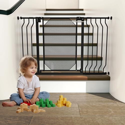 30-47.6" Baby Gate for Stairs & Doorways,Auto Close Extra Wide Dog Gate for House, Pressure-Mounted Safety Gate,with 180°Swing & Dual Lock, with Large Walk Thru Door, for Toddlers and Pets,Black