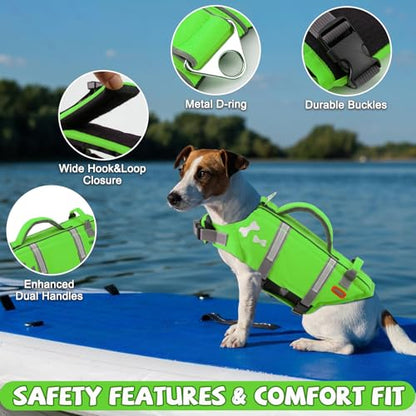 EMUST Dog Life Vests, Adjustable XS Dog Life Jacket with Rescue Handle, Puppy Flotation Vest for Small/Medium/Large Dogs, XS, NewGreen - color: NewGreen, size: XS