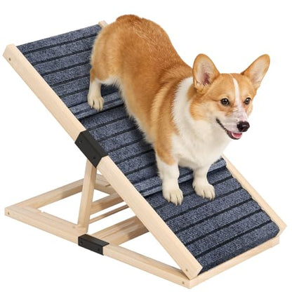 Adjustable Wooden Dog Ramp for Small Dogs, 27.6" Long x 11.8" Wide Portable Pet Ramp for Couch, Sofa, Anti-Slip Carpet, Lightweight Foldable Indoor Outdoor Travel Dog Ramp