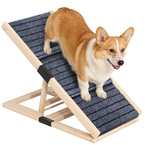 Adjustable Wooden Dog Ramp for Small Dogs, 27.6" Long x 11.8" Wide Portable Pet Ramp for Couch, Sofa, Anti-Slip Carpet, Lightweight Foldable Indoor Outdoor Travel Dog Ramp