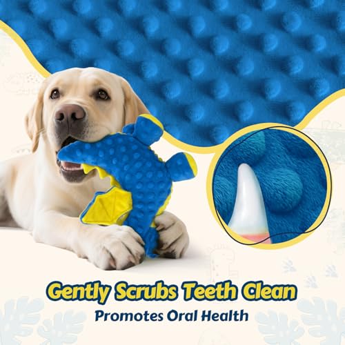 Squeaky Dog Toys for Large Dogs - Plush Dragon Dog Toy with 5 Squeakers & Crinkle Paper, Stuffed Interactive Dog Toy for Gentle Chewers (Blue,10") - color: Blue