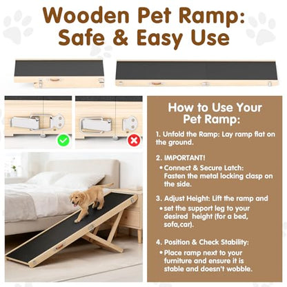 Foldable Dog Ramp for High Beds & SUVs, 63 Inch with High-Traction Mat. Adjustable Height (19.7"-31.5") for Medium, Large & XL Dogs - Portable Pet Stairs Alternative - size: 63"L x 16.7"W x 2.4"H