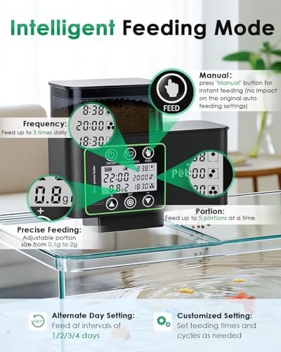 Automatic Fish Feeder for Aquarium - 230/510ml Timer Fish Feeder Dispenser with 0.1-2g Precision Feeding, Moisture-Proof Auto Fish Feeder with Feed Cleaning & Shortage Alert, USB Rechargeable