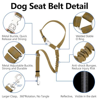 Plutus Pet Dog Seat Belt for Car Headrest, Reflective and Adjustable Restraint with Elastic Bungee for Safety, Vehicle Seatbelt Harness for Small Medium Large Dogs and Cats - color: Brown