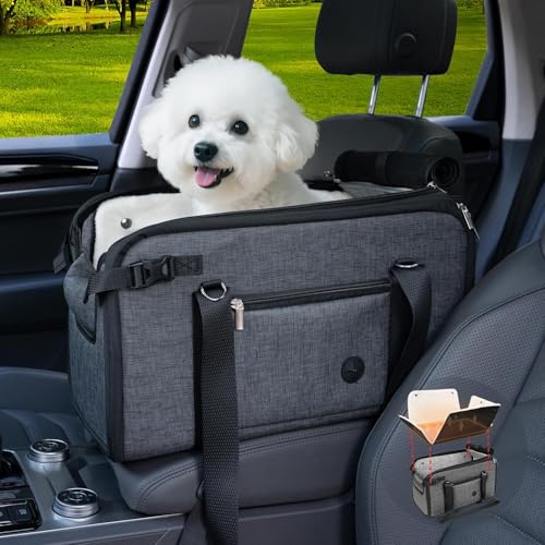 YUDODO 10-18lbs Large Console Dog Car Seat (Width＞9.5in) Fits Truck & SUV, Luxury Puppy Cat Travel Portable Booster Seat with Removable Velvet Cushion, Anti-Slip Pet Car Bed Carseat PU Leather Gray - color: Gray with Cushion, size: L (Truck SUV) (10-18lbs